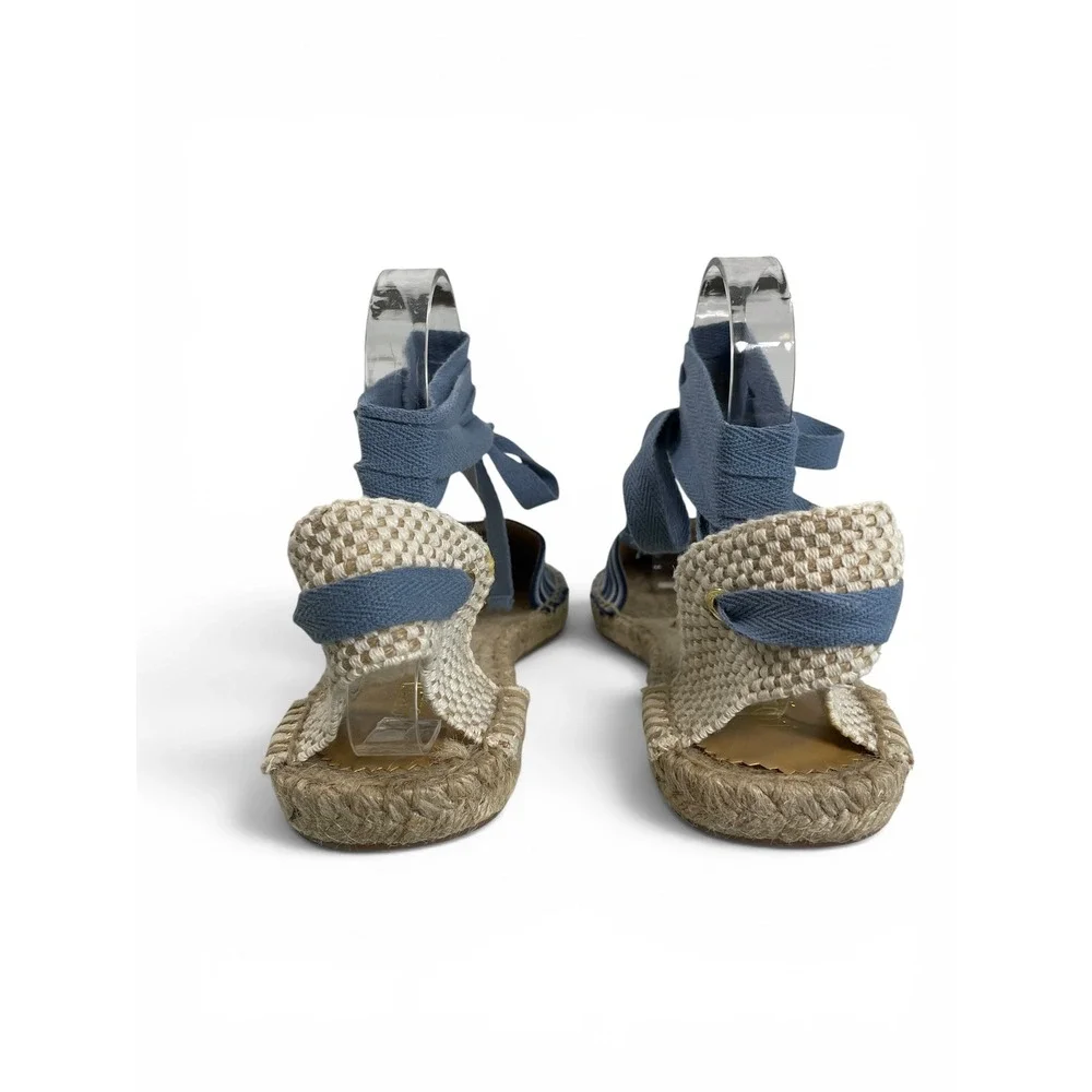 J.Crew Canvas Ankle Tie Espadrille Flats Womens‎ 8 Blue Chambray Stripe NWOB